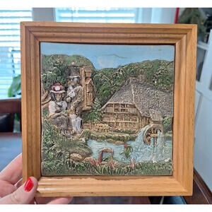 Vintage 3D Barn Mill Water Wheel Plastic Wall Art Germany Framed 9”